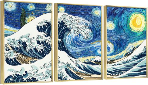 Framed Canvas Wall ArtOil Paintings Impressionism Aesthetic Prints Canvas Paintings for Living Room Bedroom Office Home; 3 Panels (GOLD: 16*24)